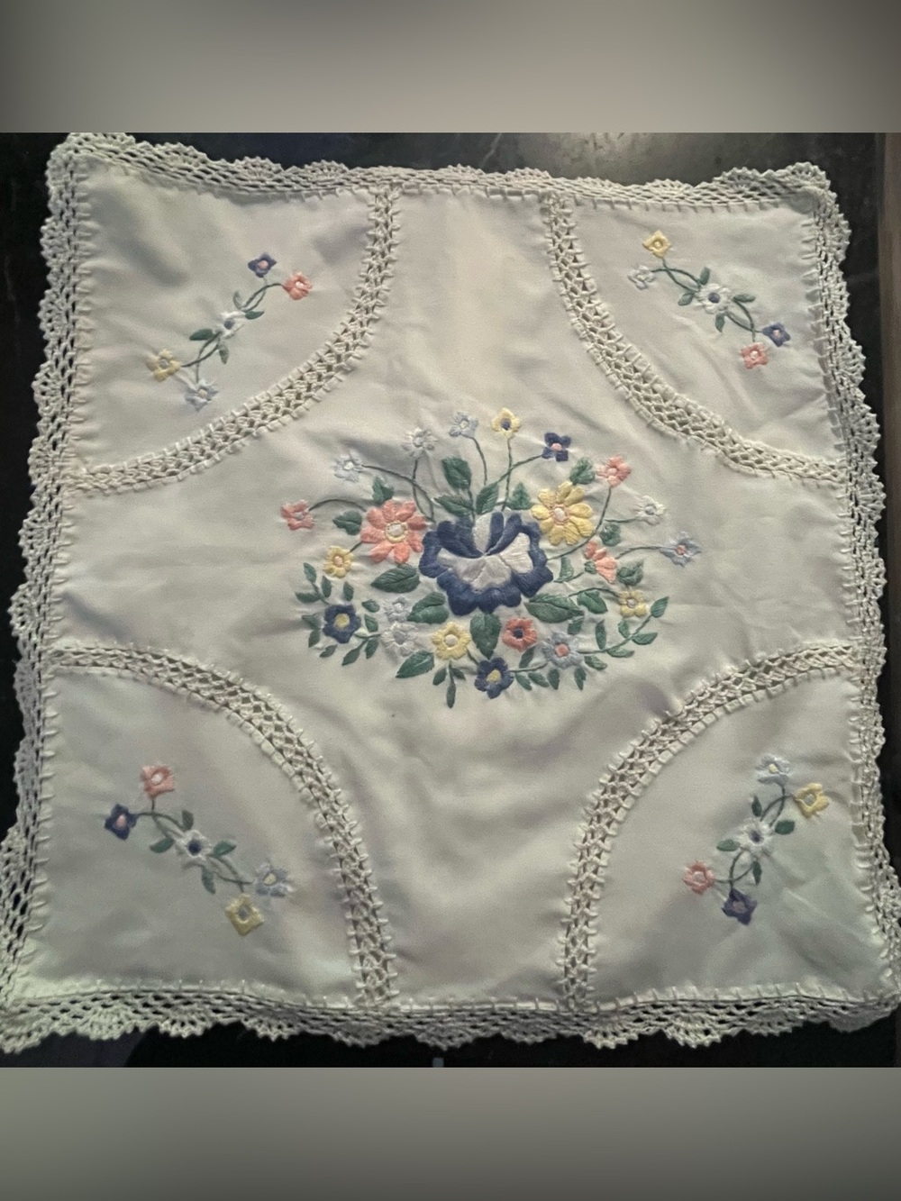 Vintage Hand Embroidered Floral Pillow Cover White Crochet Lace Trim 16x16